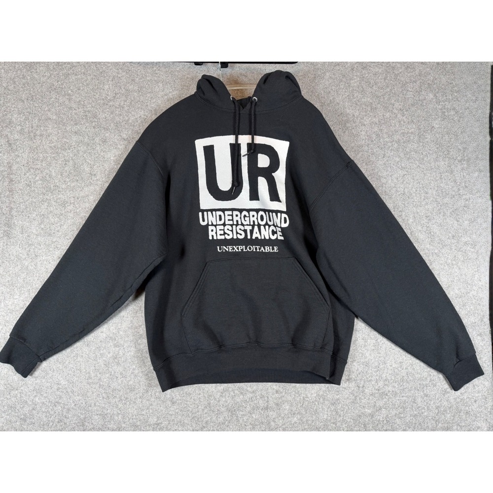 Jerzees Underground Resistance Hoodie Mens L Black Good UR Graphic Sweatshirt
